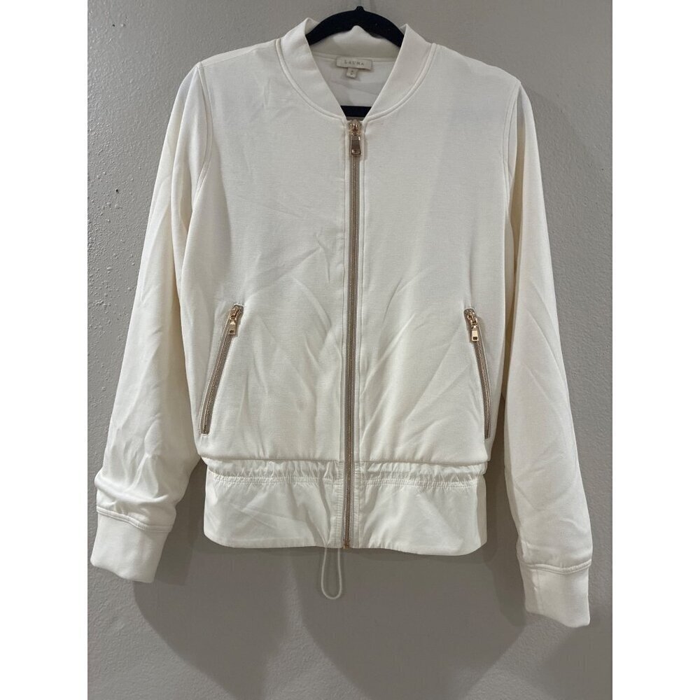 Laura Bomber Jacket with elegant rose gold-tone zippers drawstring hem size M